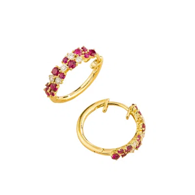 Juvetti Women's White / Red / Gold Starry Gold Huggie Earrings Set With Ruby & Diamond