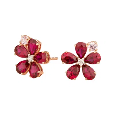 Juvetti Women's Red / Pink / Purple Florea Pink Gold Earrings In Diamond, Ruby & Pink Sapphire In Burgundy