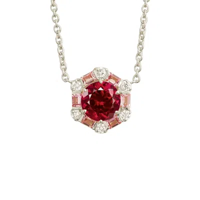 Juvetti Women's Red / Pink / Silver Melba Ruby, Pink Sapphire & Diamond Halo Hexagon Pendant Necklace In Whi