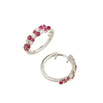 Juvetti Women's Red / White / Silver Starry Ruby & Diamond Cluster Huggie Hoop Earrings In White Gold In Multi