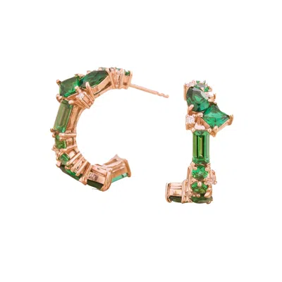 Juvetti Women's Rose Gold / Green Emeralds & Diamonds Medium Hoop Lanna Rose Gold Earrings