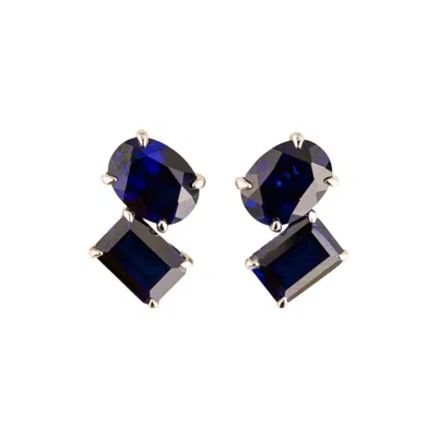 Juvetti Women's Silver / Blue / White Buchon White Gold Blue Sapphires Geometric Earrings
