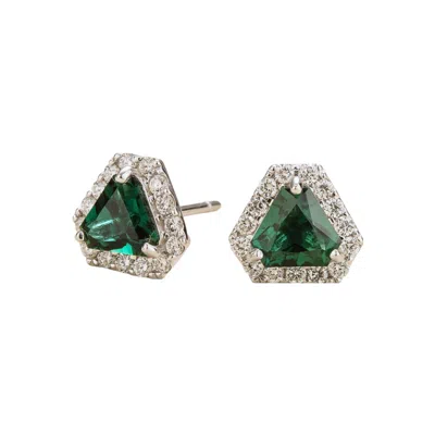 Juvetti Women's Silver / Green / White Diana White Gold Earrings Emerald & Diamond