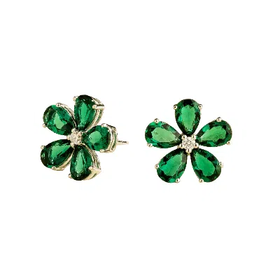 Juvetti Women's Silver / Green / White Florea White Gold Earrings Emerald & Diamond