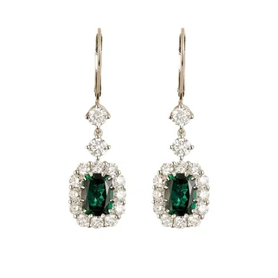 Juvetti Women's Silver / Green / White Pippa Emerald Cut Emerald & Diamond Halo Drop Earrings In White Gold In Silver/green/white