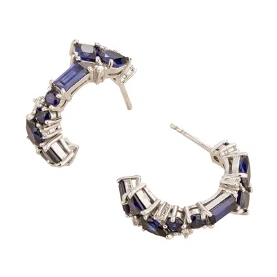 Juvetti Women's White / Blue Blue Sapphire Diamond Medium Hoop White Gold Lanna Earrings