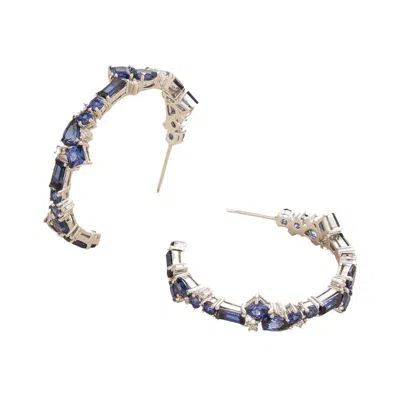Juvetti Women's White / Blue Blue Sapphires & Diamonds Lanna Hoop White Gold Earrings In Multi