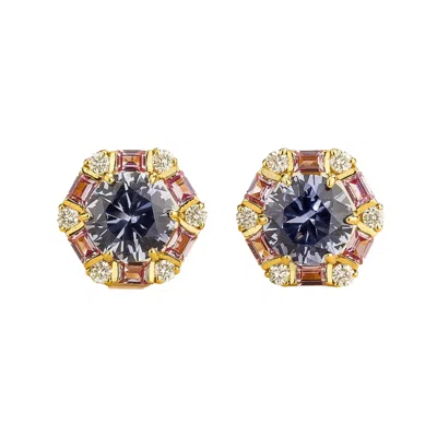 Juvetti Women's White / Gold / Blue Melba Gold Earrings Set With Pastel Blue Sapphire, Pink Sapphire & Diamo