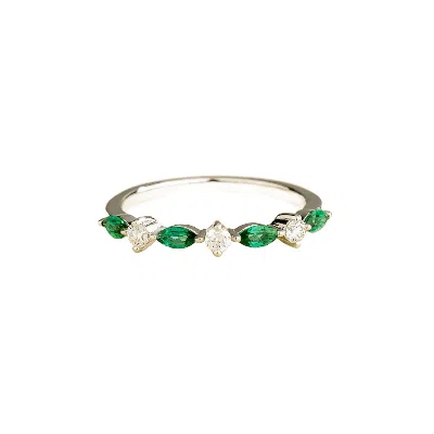 Juvetti Women's White / Gold / Green Markiz White Gold Ring In Emerald & Diamond In Multi