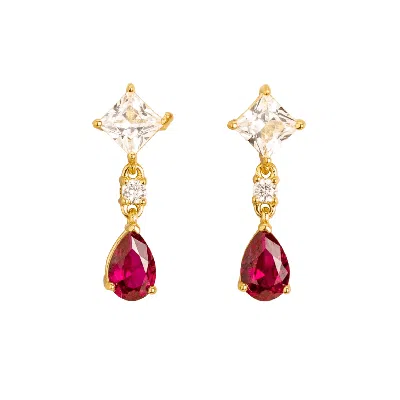 Juvetti Women's White / Red / Gold Ori Gold Earrings Set With White Sapphire, Ruby & Diamond