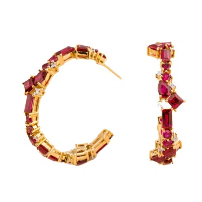 Juvetti Women's White / Red / Gold Ruby And Diamond Lanna Gold Hoop Earrings In Multi