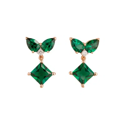 Juvetti Women's White / Rose Gold / Green Amore Rose Gold Earrings Emeralds & Diamonds
