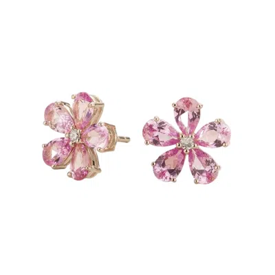 Juvetti Women's White / Silver / Pink Florea Pastel Pink Sapphire & Diamond Flower Stud Earrings In White Go