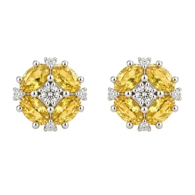 Juvetti Women's White / Silver / Yellow Pristi Oval Yellow Sapphire & Diamond Cluster Earrings In White Gold