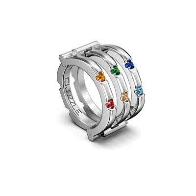 Juzzle Jewelry Women's Chakra Silver Puzzle Ring With Colored Gemstones