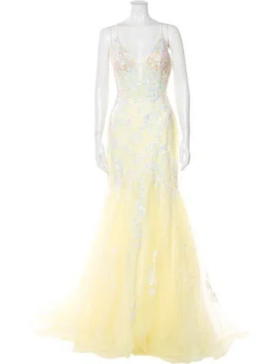 Pre-owned Jvn By Jovani Lace Pattern Long Dress W/ Tags In Yellow