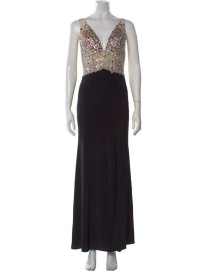 Pre-owned Jvn By Jovani Plunge Neckline Long Dress In Black