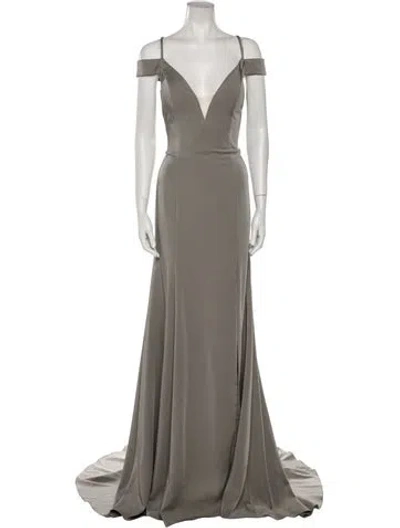 Pre-owned Jvn By Jovani V-neck Long Dress In Gray