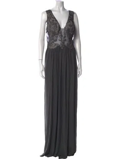 Pre-owned Jvn By Jovani V-neck Long Dress In Gray