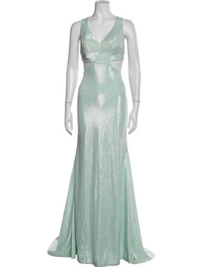 Pre-owned Jvn By Jovani V-neck Long Dress In Green