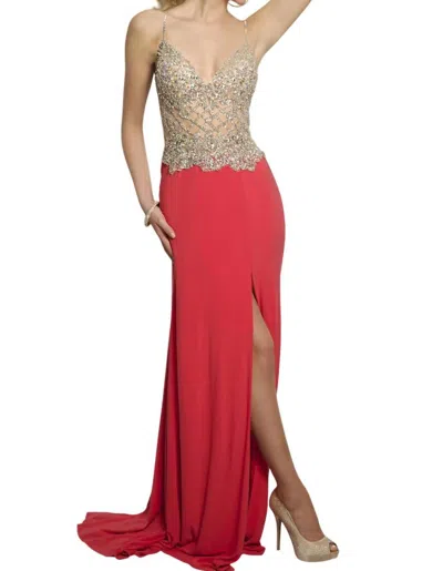 Jvn Embellished Crystal Jersey Gown In Coral In Neutral