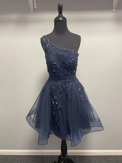 Jvn Embroidered Asymmetric A-line Dress In Navy In Blue