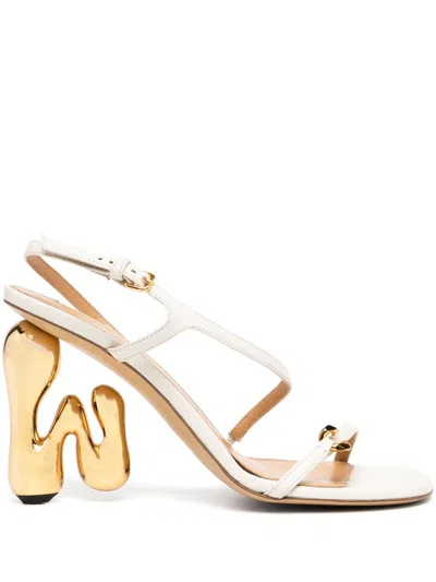 Jw Anderson 100mm Gold-tone Logo Heel Sandals In White