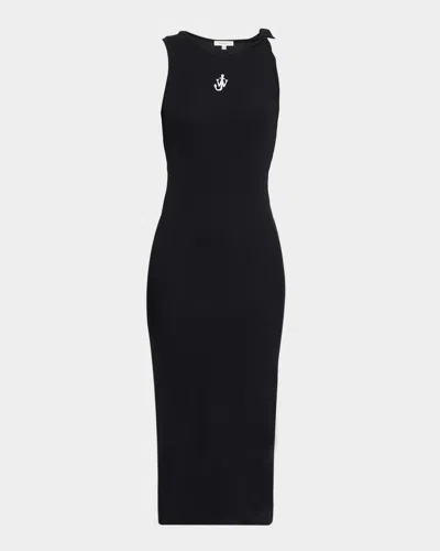 JW ANDERSON ANCHOR EMBROIDERED BODY-CON TWISTED STRAP MIDI DRESS