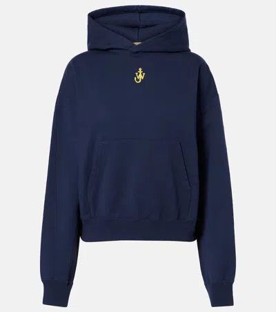 Jw Anderson Anchor Embroidered Cropped Cotton Hoodie In Blue
