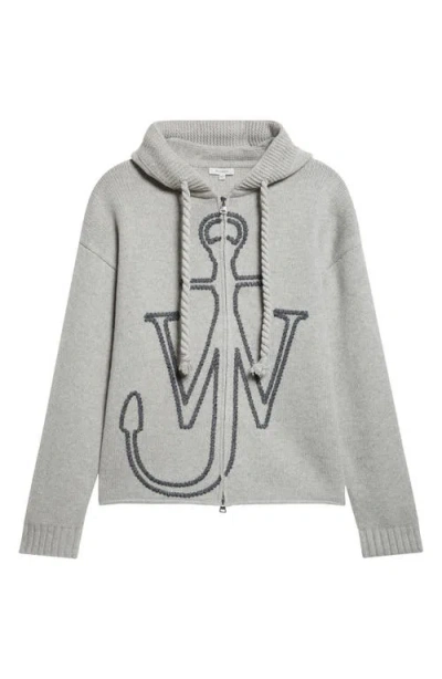 Jw Anderson Anchor Embroidered Zip Hoodie Sweater In Gray