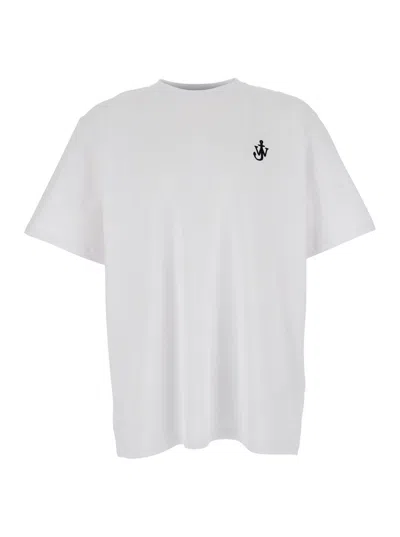 JW ANDERSON WHITE CREWNECK T-SHIRT WITH LOGO EMBROIDERY ON THE FRONT IN COTTON MAN