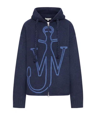 Jw Anderson Hoodie With Zip And Anchor Embroidery In Blue