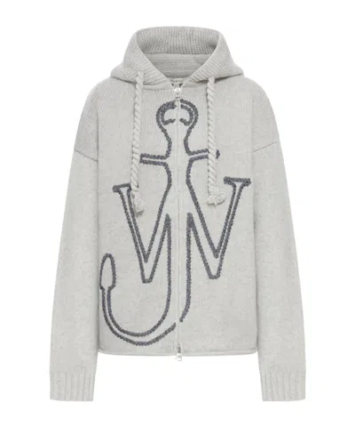 Jw Anderson Hoodie With Zip And Anchor Embroidery In Gray