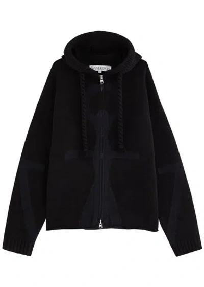 Jw Anderson Anchor Hooded Wool Sweatshirt In Black