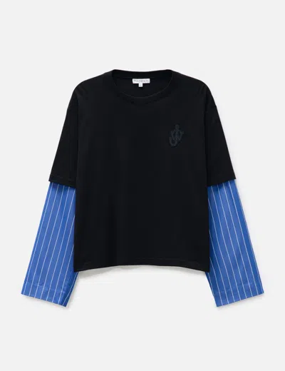 Jw Anderson Striped-sleeve Cotton T-shirt In Black,blue