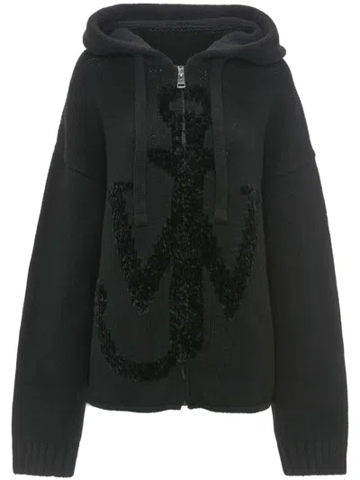 Jw Anderson Anchor Logo Hoodie With Zip In Black