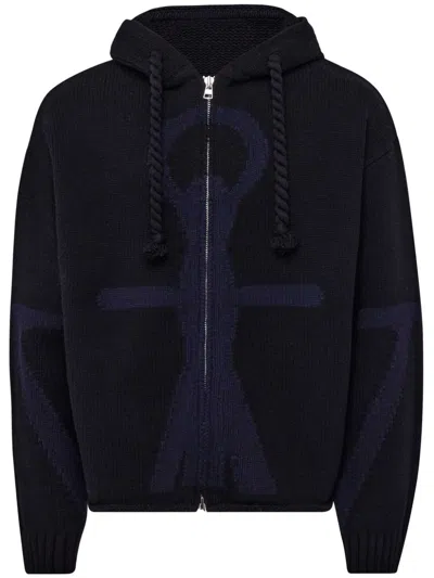 Jw Anderson Anchor Intarsia Hooded Merino Wool Zip Sweater In Black
