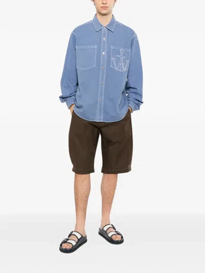 Jw Anderson Embroidered Oversized Cotton Twill Shirt In Blue