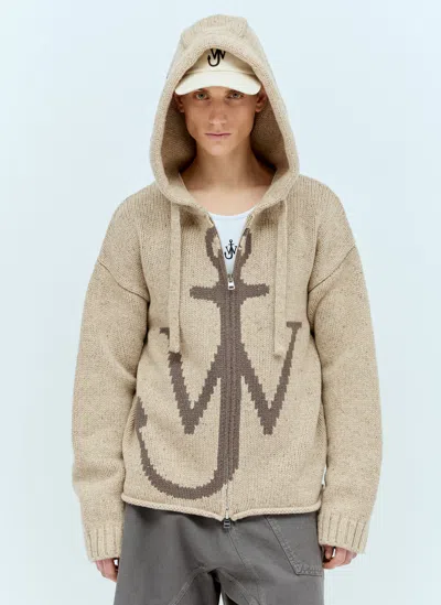 Jw Anderson Anchor Zipped Hooded Cardigan In Beige