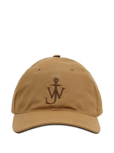 Jw Anderson Baseball Cap In Beige Waxed Cotton With Anchor Embroidery In Brown