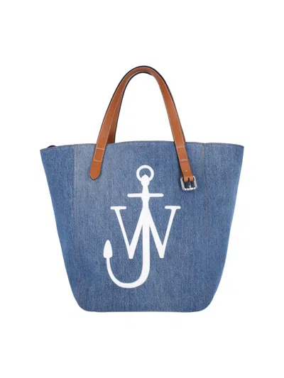 Jw Anderson Belt Logo Embossed Denim Tote Bag In Blue