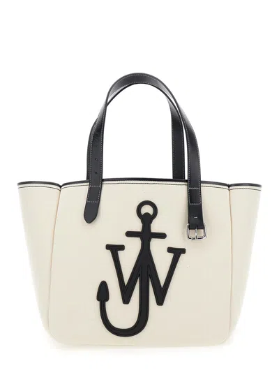 JW ANDERSON WHITE SHOPPER WITH JW LOGO ON THE FRONT IN CANVAS AND LEATHER WOMAN