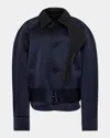 Jw Anderson Belted Satin Rounded Blouson Jacket With Leather-trim In Blue