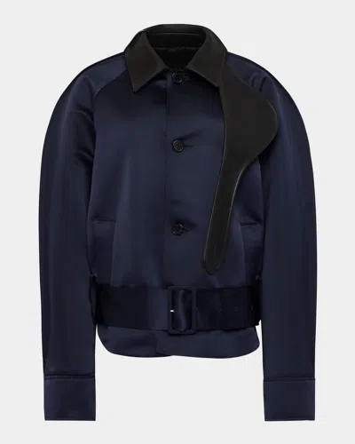 Jw Anderson Belted Satin Rounded Blouson Jacket With Leather-trim In Blue