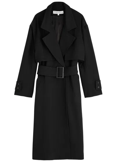 Jw Anderson Belted Wool Trench Coat In Black