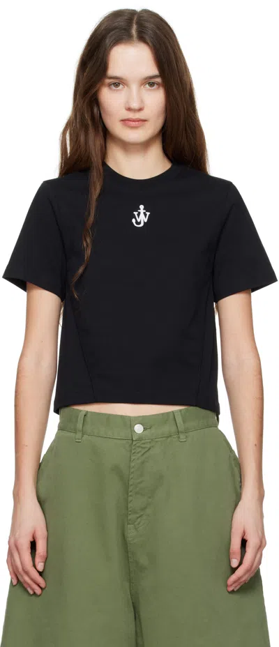 JW ANDERSON BLACK ANCHOR LOGO CROPPED PANELLED T-SHIRT