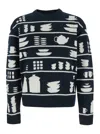 Jw Anderson Black And White Crewneck Sweater With Tableware Motif In Wool Man In Blue