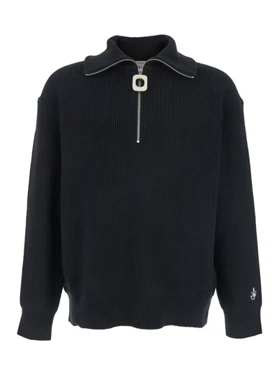 Jw Anderson Black Blend High Neck Sweater With Embroidered Logo On The Sleeve In Cotton Man