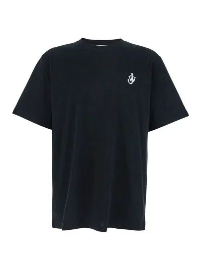JW ANDERSON JW ANDERSON BLACK CREWNECK T-SHIRT WITH ANCHOR EMBROIDERY ON THE FRONT IN COTTON MAN