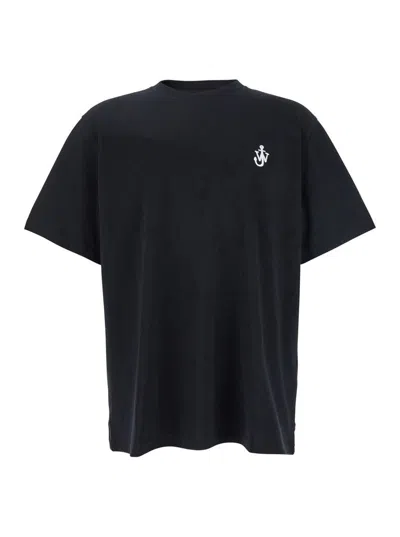 Jw Anderson Black Crewneck T-shirt With Logo Embroidery On The Front In Cotton Man